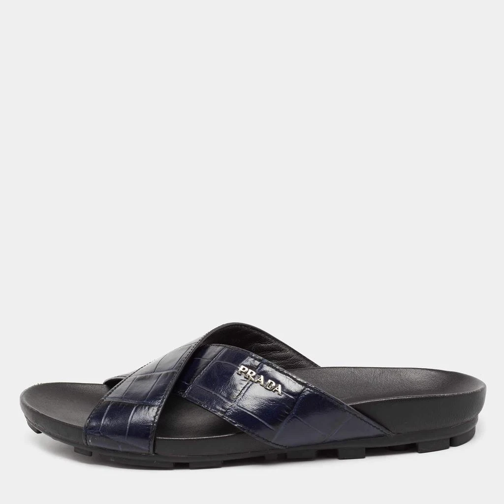 商品[二手商品] Prada|Prada Sport Navy Blue Croc Embossed Leather Flat Slide Sandals Size 39.5,价格¥1052,第1张图片