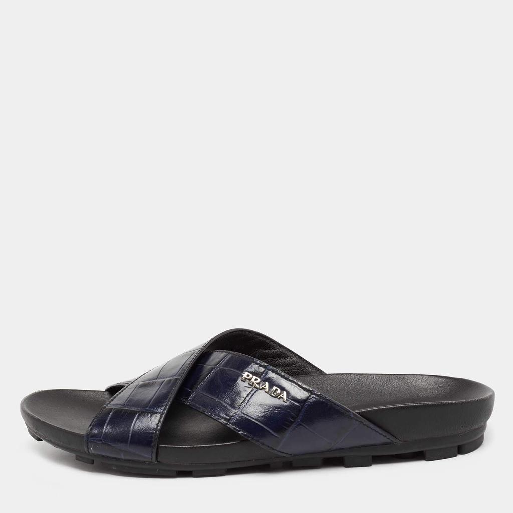 商品[二手商品] Prada|Prada Sport Navy Blue Croc Embossed Leather Flat Slide Sandals Size 39.5,价格¥2400,第1张图片