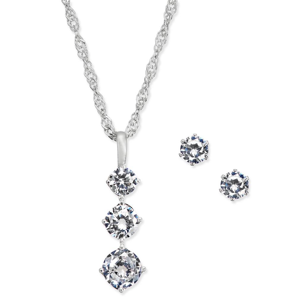 Triple Crystal Pendant Necklace & Stud Earrings Set in Fine Silver Plate, Created for Macy's商品第1张图片规格展示