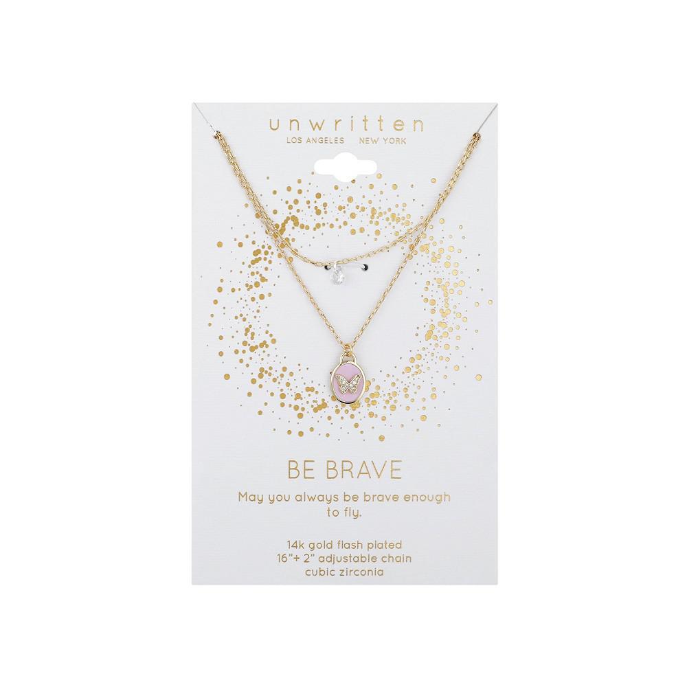 商品Unwritten|14K Gold Flash-Plated Pink Enamel Butterfly Layered Pendant Necklace,价格¥144,第4张图片详细描述