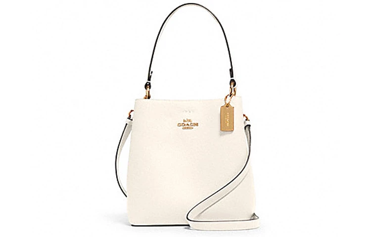 商品[国内直发] Coach|蔻驰 Town 21 金属Logo标志性徽标压印吊饰 抛光鹅卵石纹皮革 水桶包手提单肩斜挎包 小号 女款 白色,价格¥3312,第1张图片