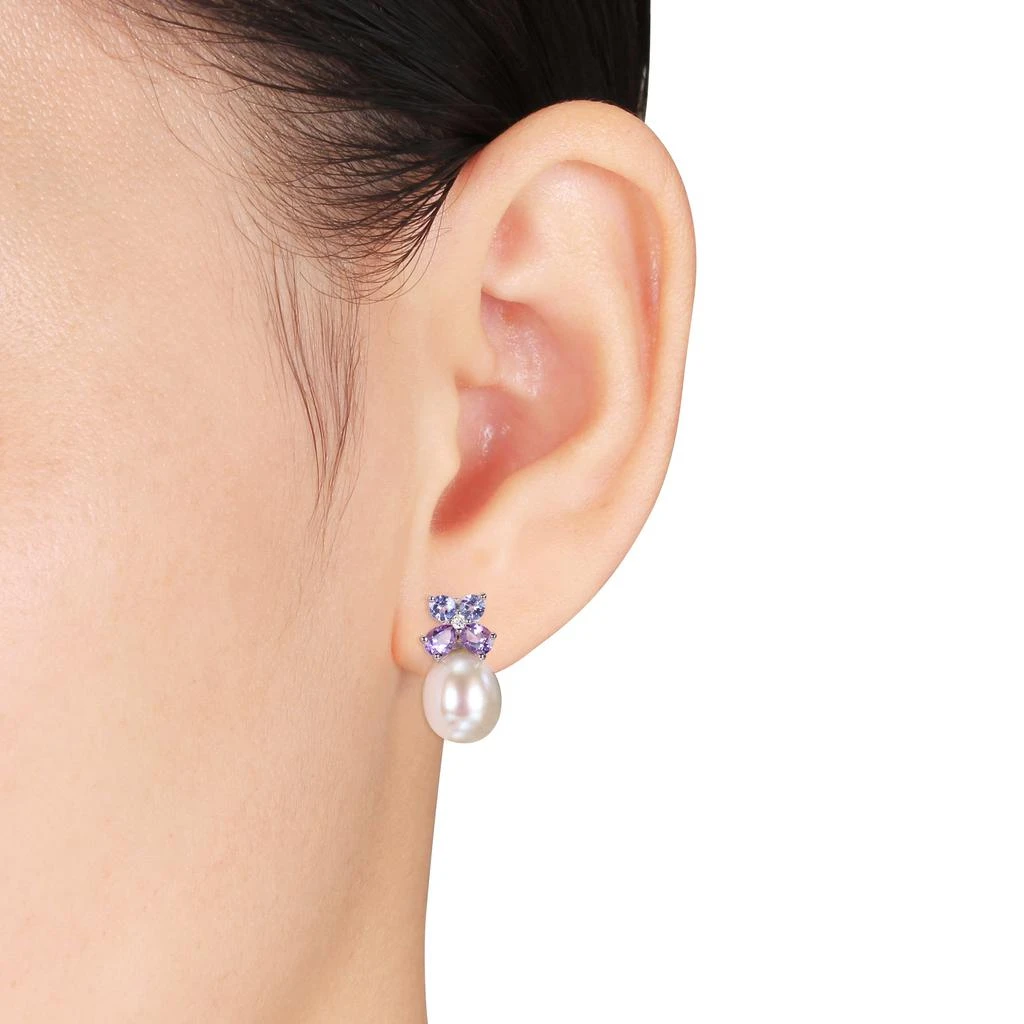 商品Mimi & Max|8-8.5 mm White Cultured Freshwater Pearl, Diamond, Tanzanite and Amethyst Stud Earrings in Sterling Silver,价格¥612,第2张图片详细描述