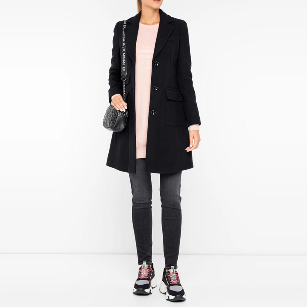 EMPORIO ARMANI 女士黑色羊毛翻领大衣 6G2L61-2N3IZ-0999 商品