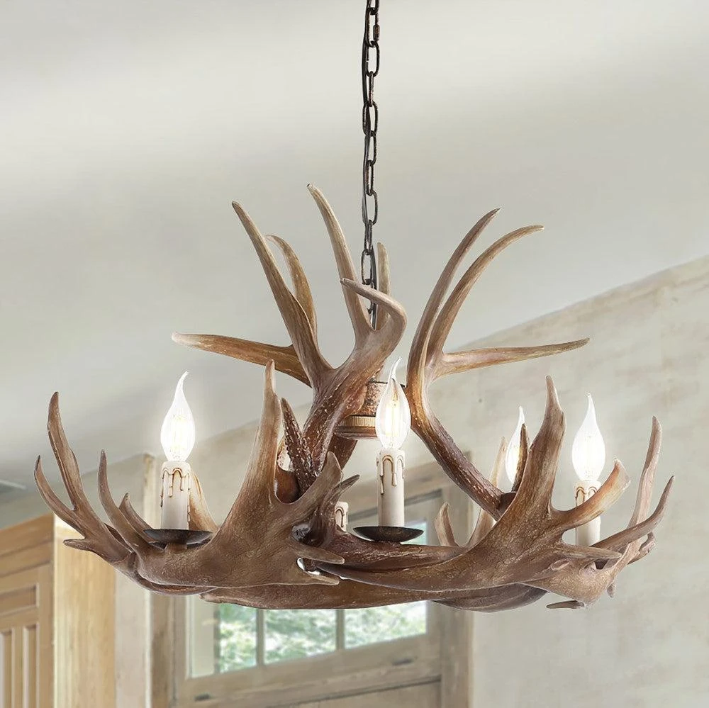 商品JONATHAN Y|Eldora 28.5" Adjustable Resin Antler 6-Light Chandelier,价格¥2496,第1张图片