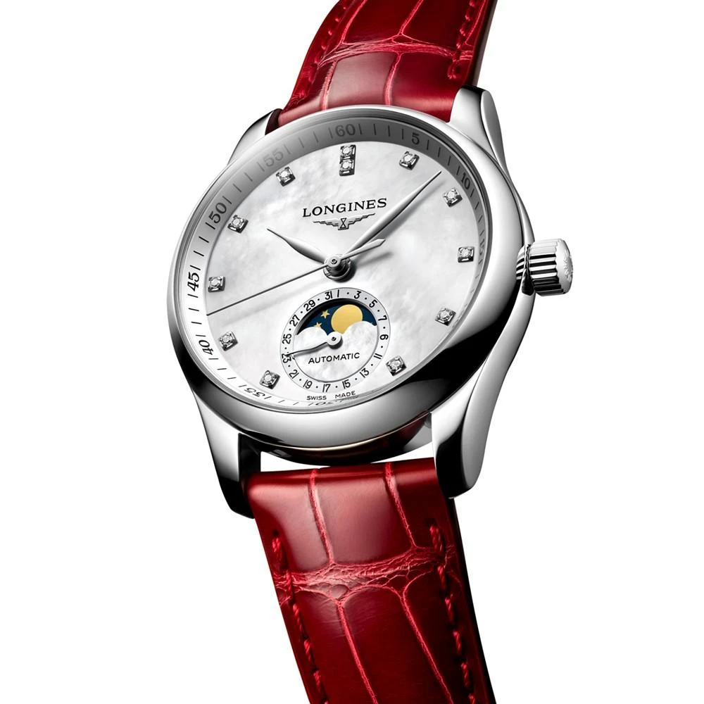 商品Longines|Women's Swiss Automatic Master Moonphase Diamond (1/20 ct. t.w.) Red Leather Strap Watch 34mm,价格¥23011,第2张图片详细描述