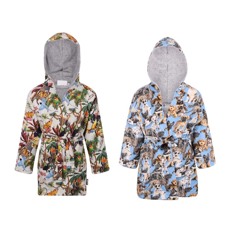 商品MOLO|Pups and imaginary jungle print organic terry bathrobe set in blue and white,价格¥1678,第1张图片