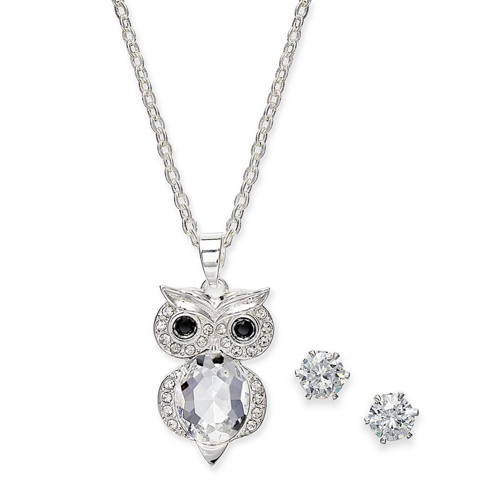 Fine Silver Plate 2-Pc. Set Crystal Owl Pendant Necklace & Solitaire Stud Earrings, Created for Macy's商品第1张图片规格展示