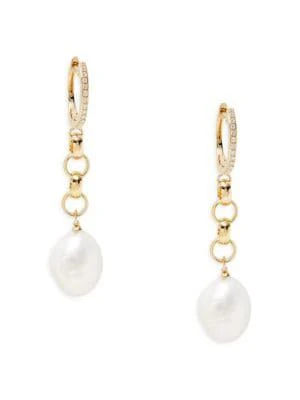 商品Effy|14K Yellow Gold, 11MM Freshwater Pearl & Diamond Drop Earrings,价格¥5087,第1张图片