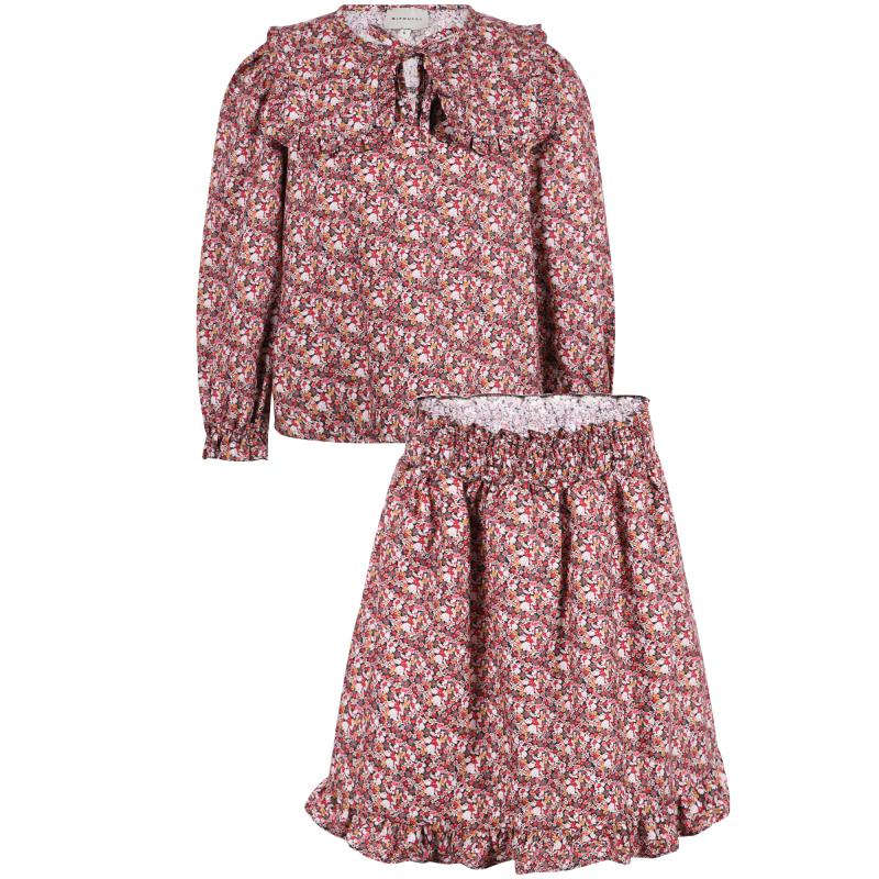 Floral print popelin blouse with collar and skirt in burgundy商品第1张图片规格展示