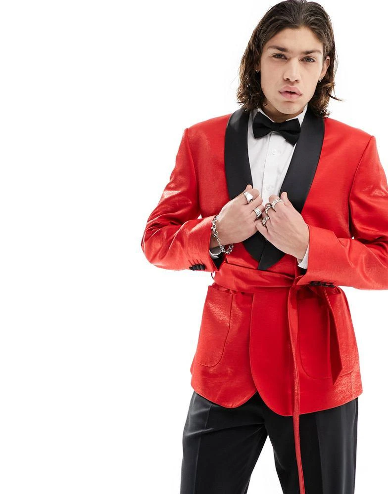 商品ASOS|ASOS DESIGN slim belted blazer in red satin,价格¥392,第4张图片详细描述