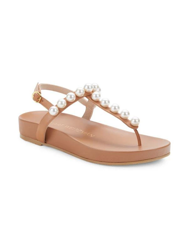 商品Stuart Weitzman|Faux Pearl-Embellished Leather T-Strap Sandals,价格¥1263,第2张图片详细描述