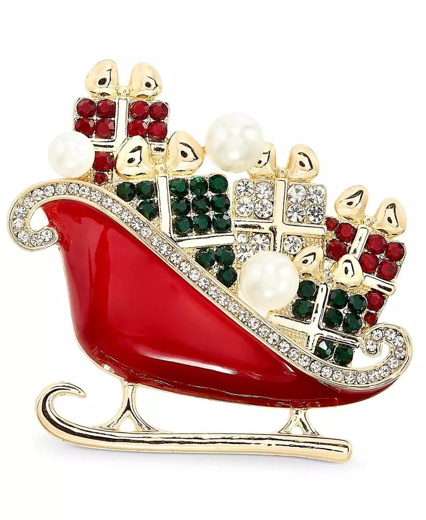 商品Holiday Lane|Gold-Tone Multicolor Crystal & Imitation Pearl Sleigh Pin, Created for Macy's,价格¥75,第1张图片