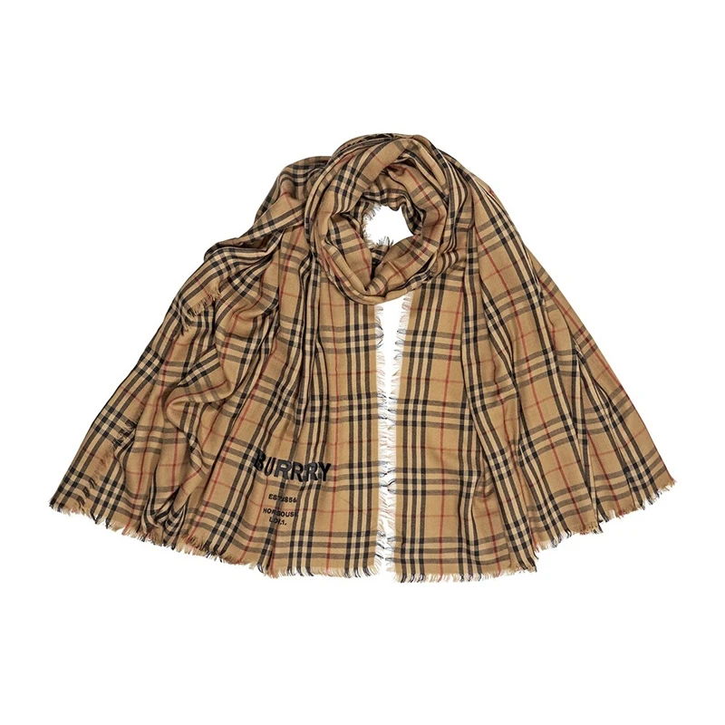 Burberry 博柏利 女士格纹轻盈刺绣羊绒围巾 8009159 商品