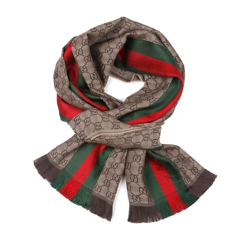 商品[国内直发] Gucci|GUCCI 古驰围巾 女士经典款灰粉色流苏双G图案双面用羊毛围巾男士通用 经典卡其色 147351 4G704 2766,价格¥2751,第1张图片