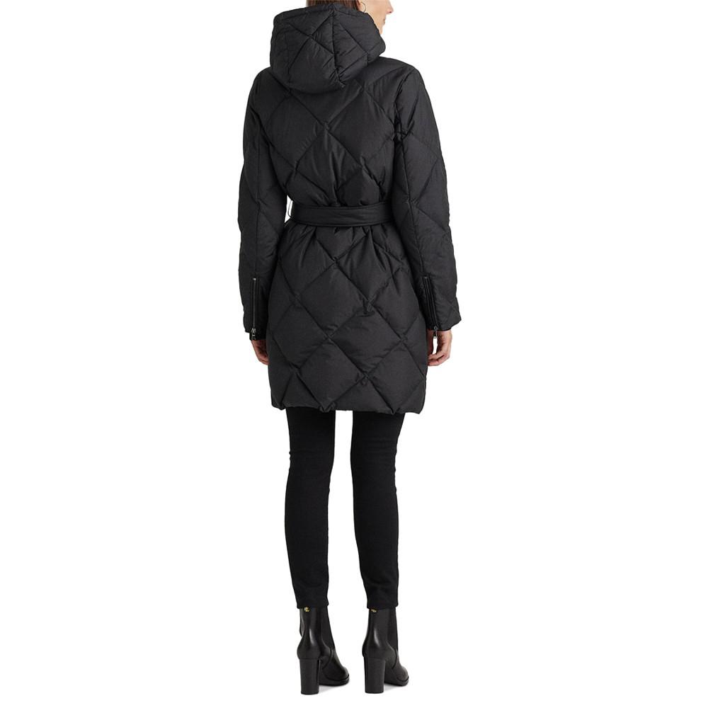 Women's Diamond Quilted Belted Hooded Puffer Coat商品第2张图片规格展示