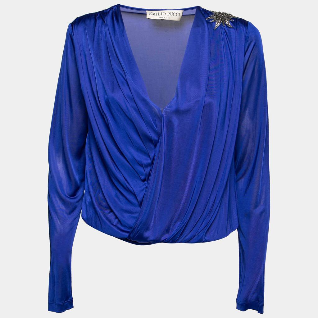 Emilio Pucci Blue Jersey Wrap Effect Pleated Blouse M商品第1张图片规格展示