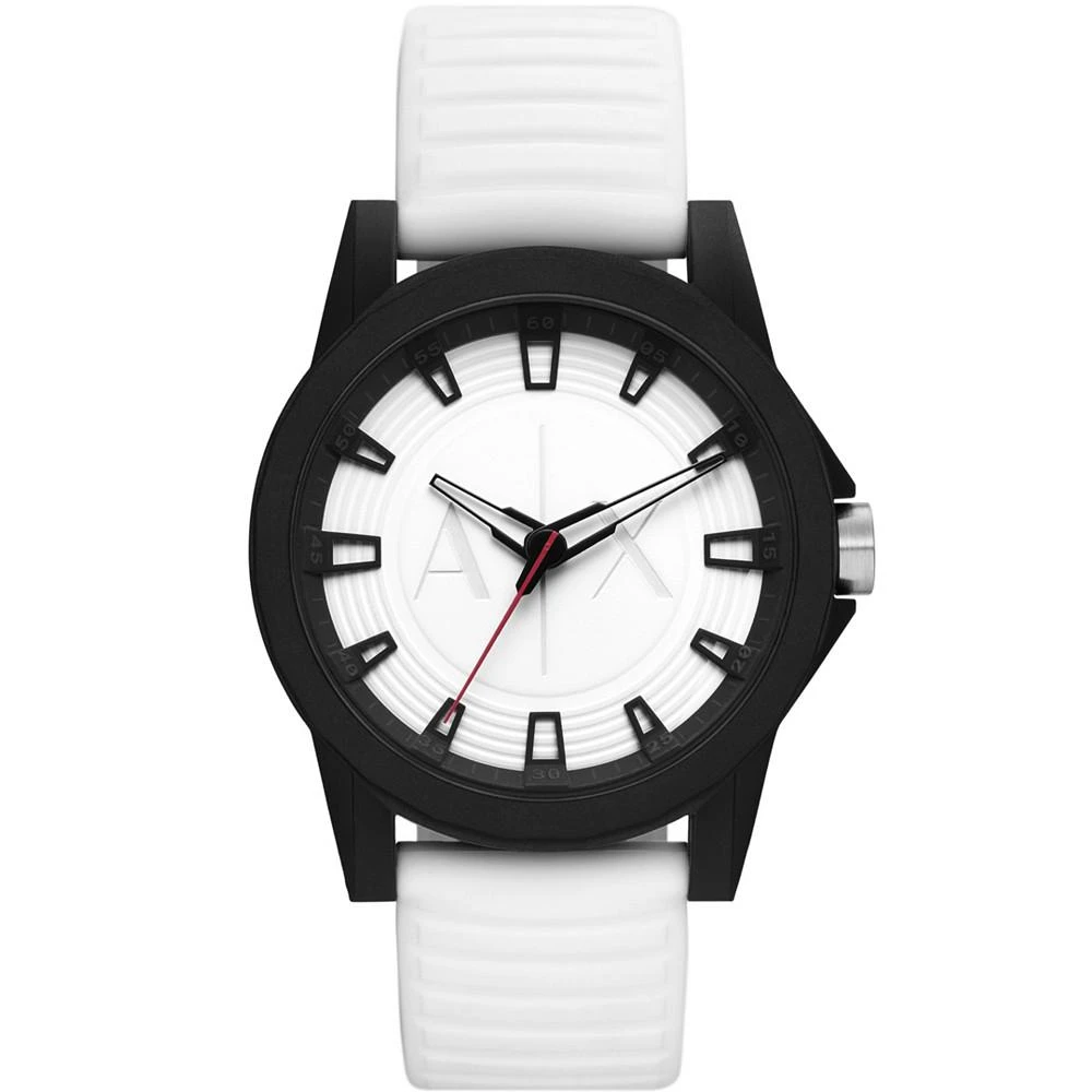 商品Armani Exchange|Men's Three Hand in Black Case with White Silicone Strap Watch, 44mm,价格¥565,第1张图片