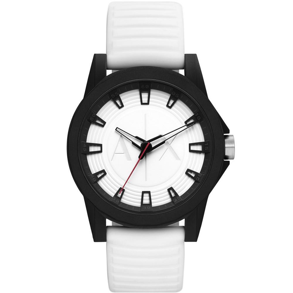 商品Armani Exchange|Men's Three Hand in Black Case with White Silicone Strap Watch, 44mm,价格¥713,第1张图片