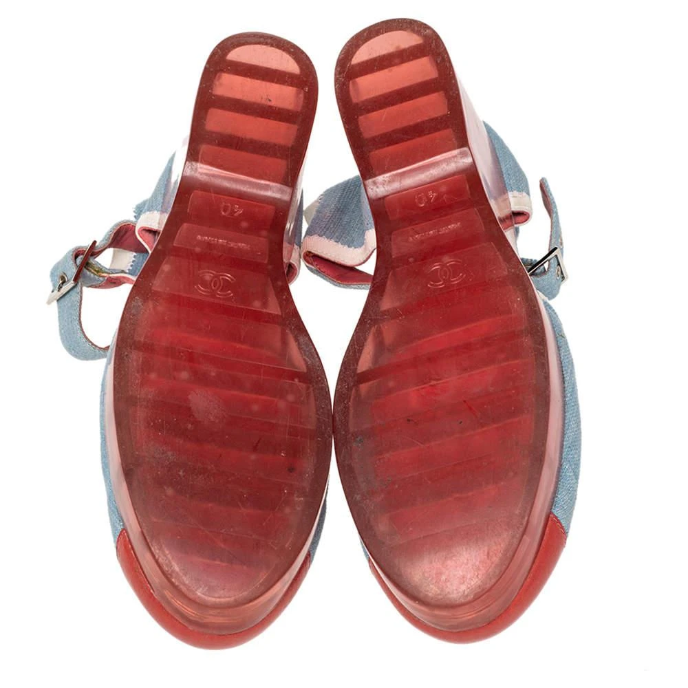 Chanel Blue/Red Denim And Paten Leather CC Cap Toe Wedge Platform Ankle Strap Sandals Size 40 商品