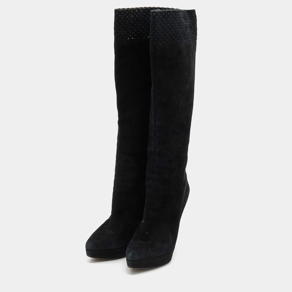 商品[二手商品] Yves Saint Laurent|Yves Saint Laurent Black Suede Platform Knee Length Boots Size 40,价格¥3154,第4张图片详细描述