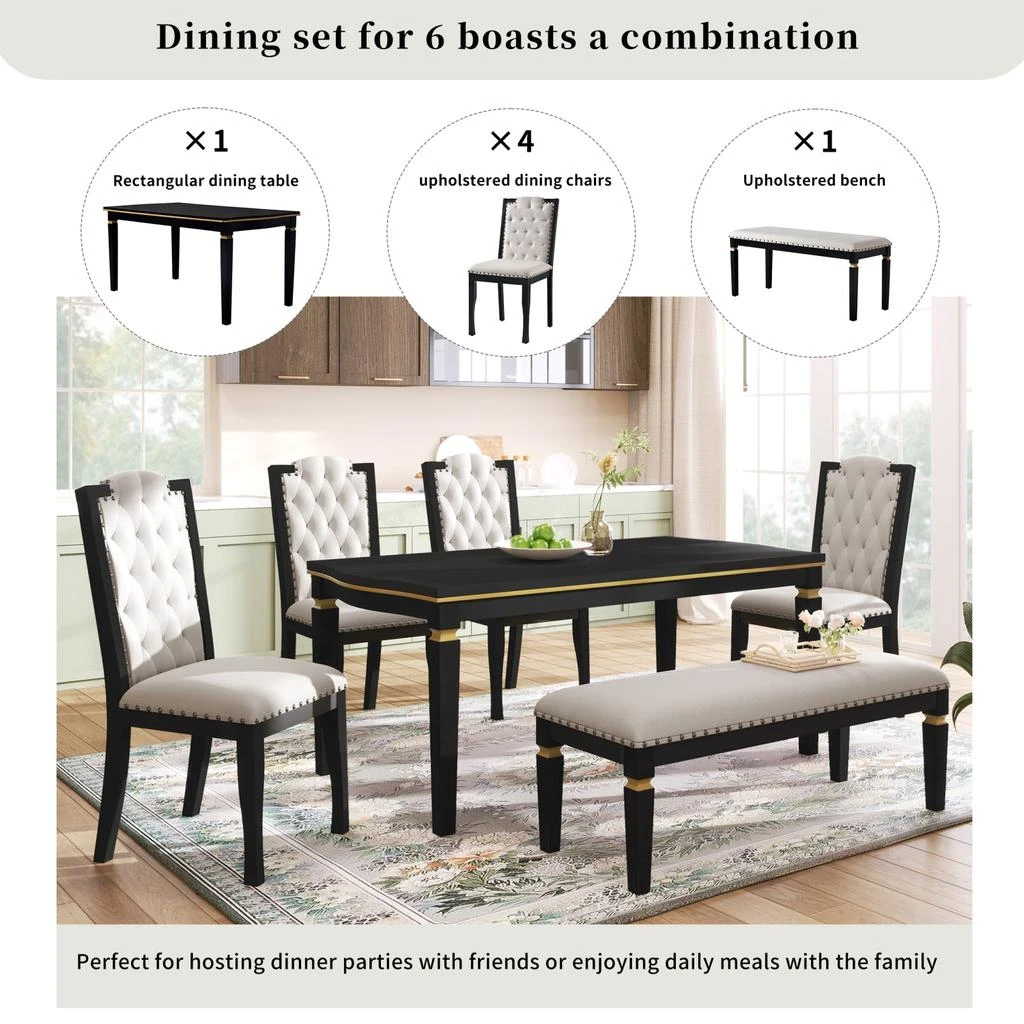 商品Streamdale Furniture|Streamdale 6-Piece Dining Table Set: 60" Table, 4 Tufted Chairs & Bench (Black),价格¥7327,第5张图片详细描述