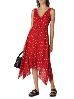 商品The Kooples|Polka Dot Handkerchief Hem Ruffle Midi Dress,价格¥759,第1张图片