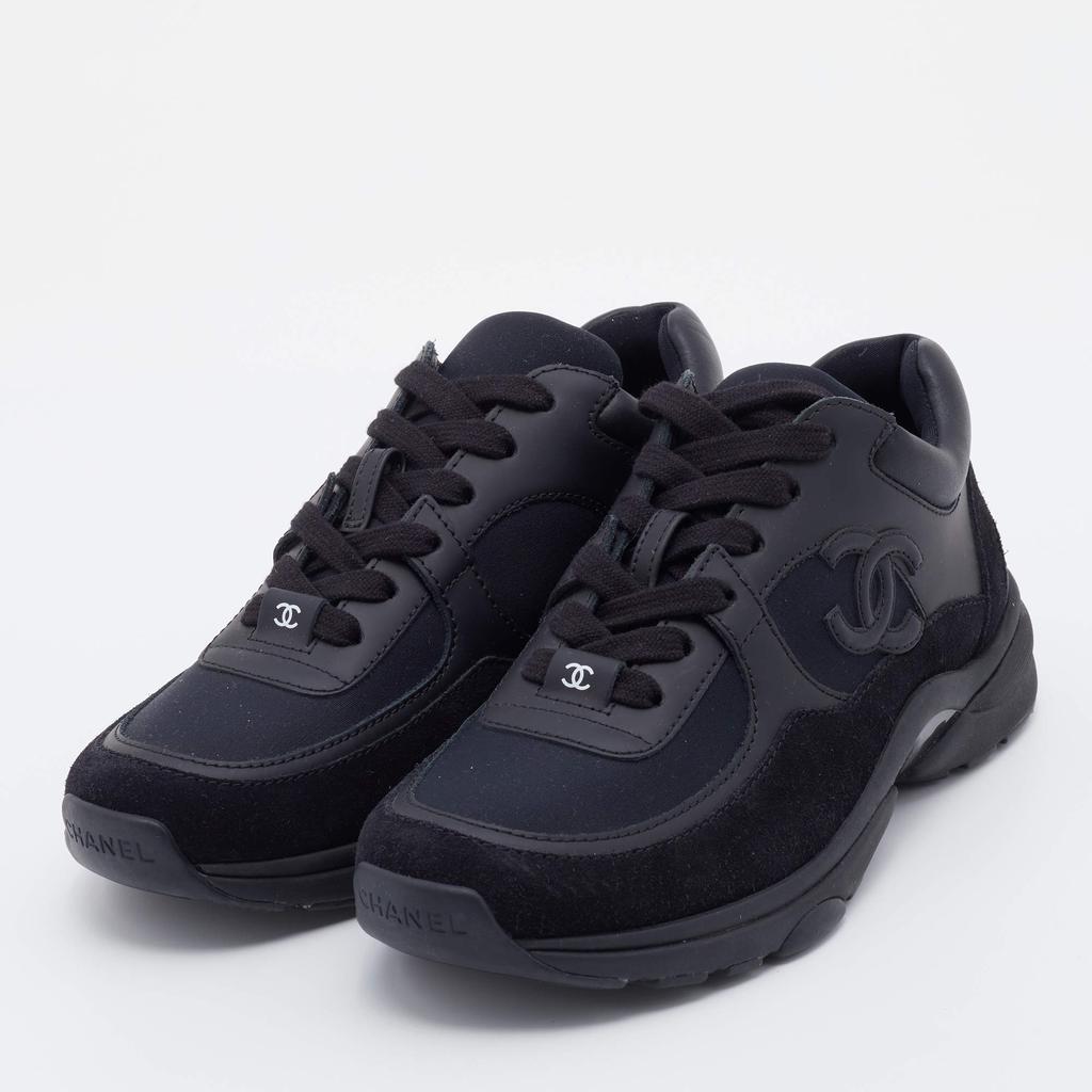 商品Chanel|Chanel Black Neoprene/Leather and Suede CC Lace-Up Sneakers Size 36,价格¥6322,第4张图片详细描述