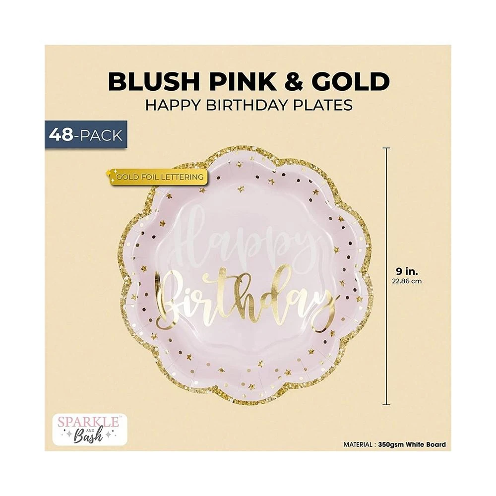 商品Sparkle and Bash|Pink Happy Birthday Party Plates with Gold Glitter Edges (9 In, 48 Pack),价格¥165,第2张图片详细描述