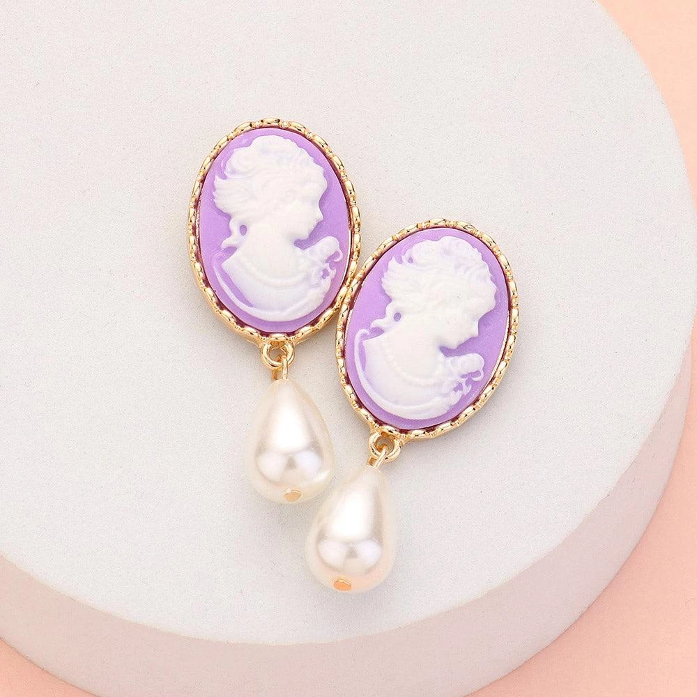 商品FASHNZFAB|Teardrop Pearl Dangle Cameo Earrings - Lavender,价格¥195,第1张图片详细描述