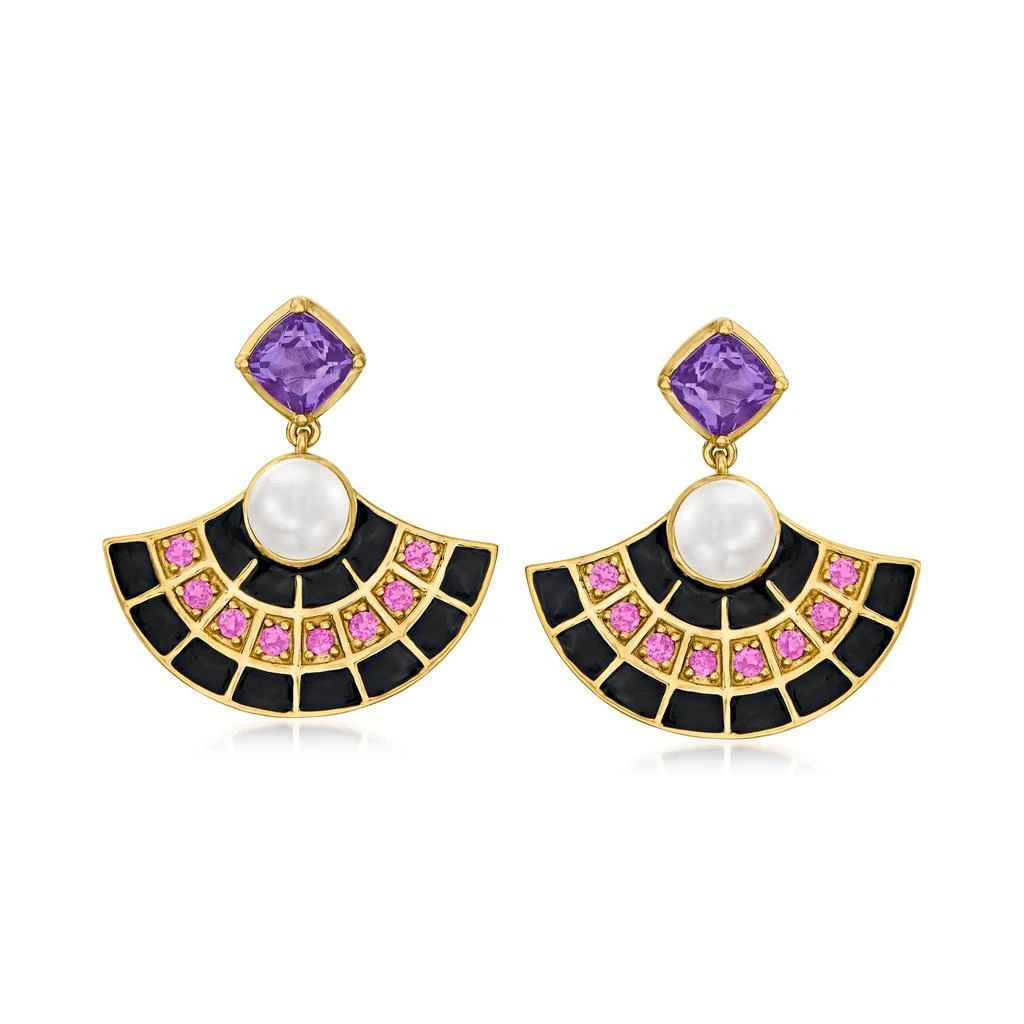 商品Ross-Simons|Ross-Simons 6.5-7mm Cultured Pearl and Amethyst Fan Drop Earrings With . Rhodolite Garnet and Black Enamel in 18kt Gold Over Sterling,价格¥1254,第1张图片