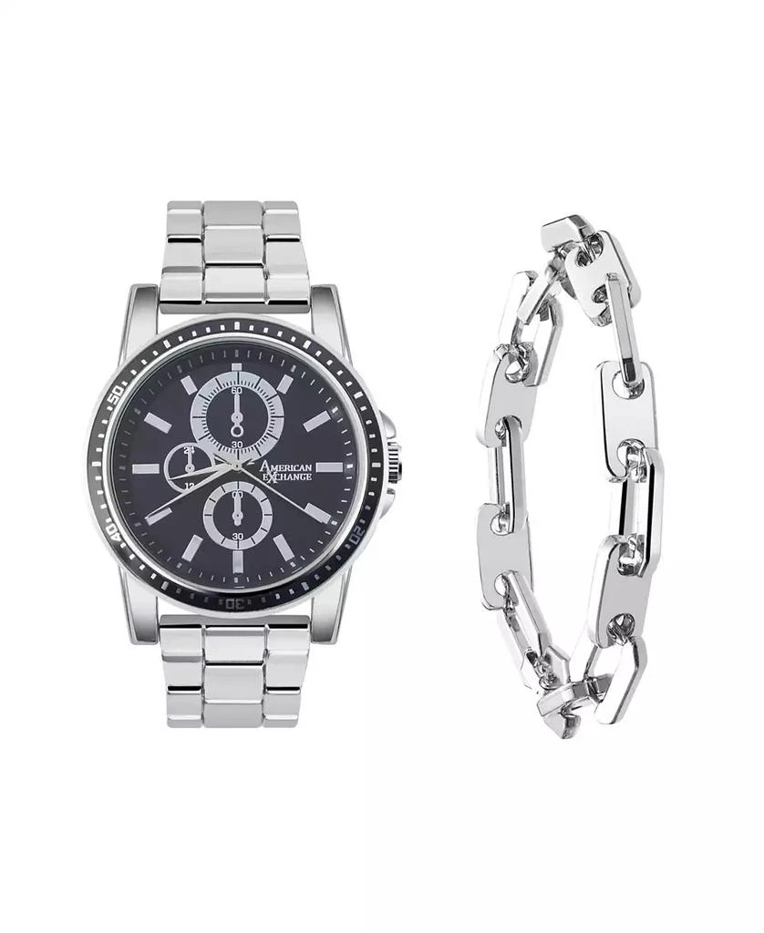 商品American Exchange|Men's Quartz Movement Silver Metal Bracelet Analog Watch, 43mm and Bracelet Set with Zippered Travel Pouch,价格¥217,第1张图片