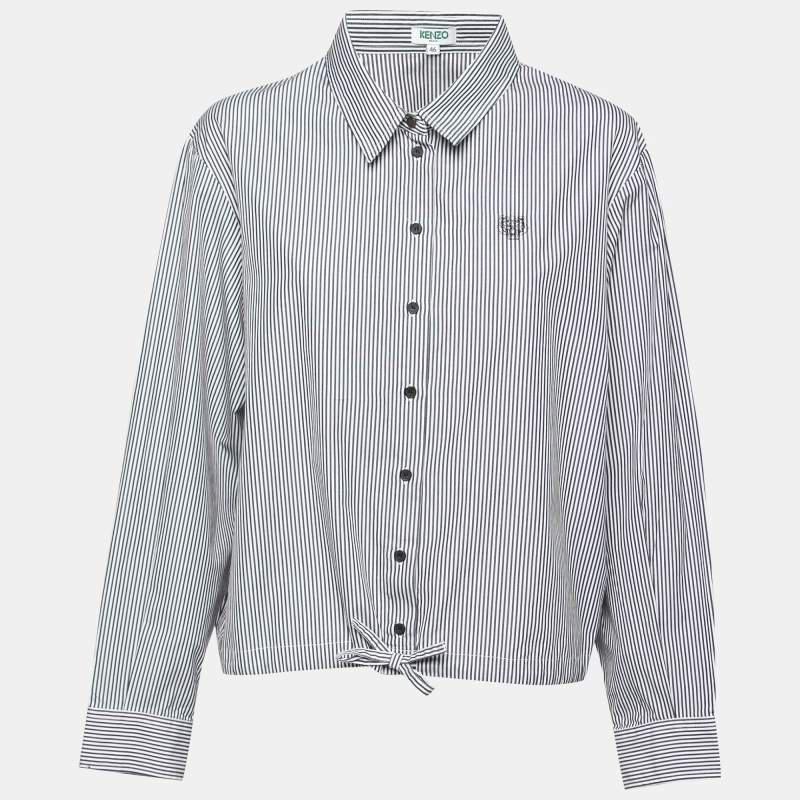 Kenzo Grey Striped Cotton Hem Tie Detail Button Front Shirt XL商品第1张图片规格展示