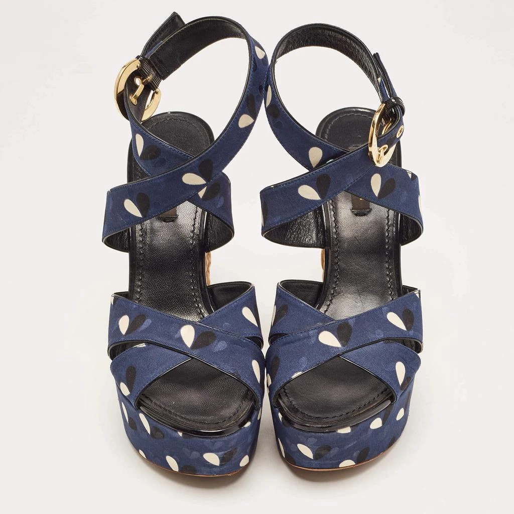 商品[二手商品] Louis Vuitton|Louis Vuitton Navy Blue Printed Fabric Espadrille Wedge Ankle Wrap Sandals Size 38,价格¥2387,第3张图片详细描述