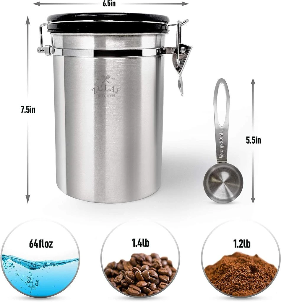 商品Zulay Kitchen|Airtight Coffee Canister - Stainless Steel Coffee Storage Canister with Scoop,价格¥429,第2张图片详细描述