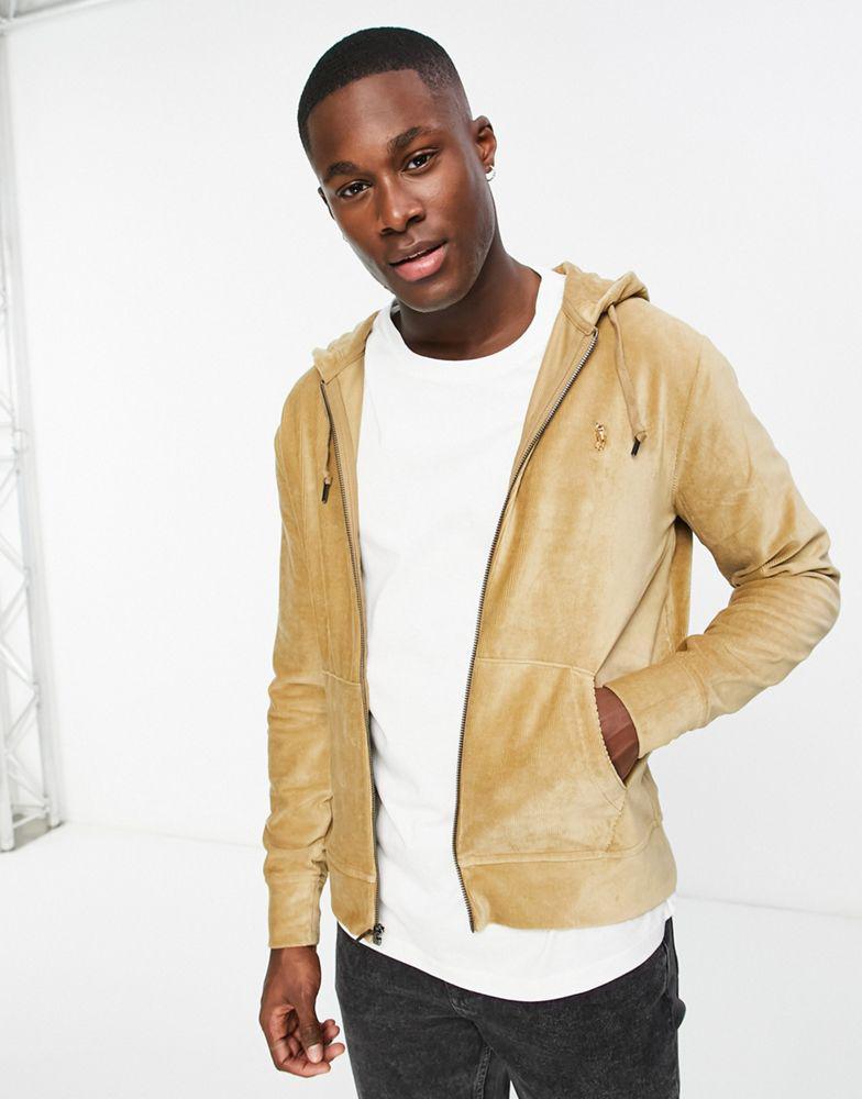 商品Ralph Lauren|Polo Ralph Lauren icon logo cord sweat full zip hoodie in khaki tan,价格¥1463,第1张图片
