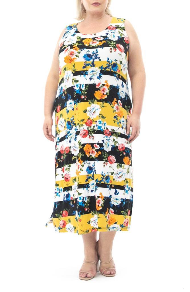 商品Nina Leonard|Floral Stripe Sleeveless Maxi Dress,价格¥214,第1张图片