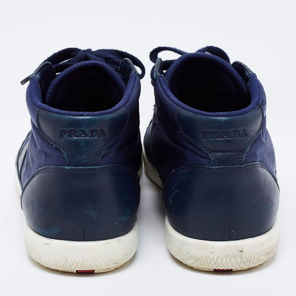 Prada Sport Navy Blue Nylon And Leather Mid Top Sneakers Size 43.5商品第5张图片规格展示