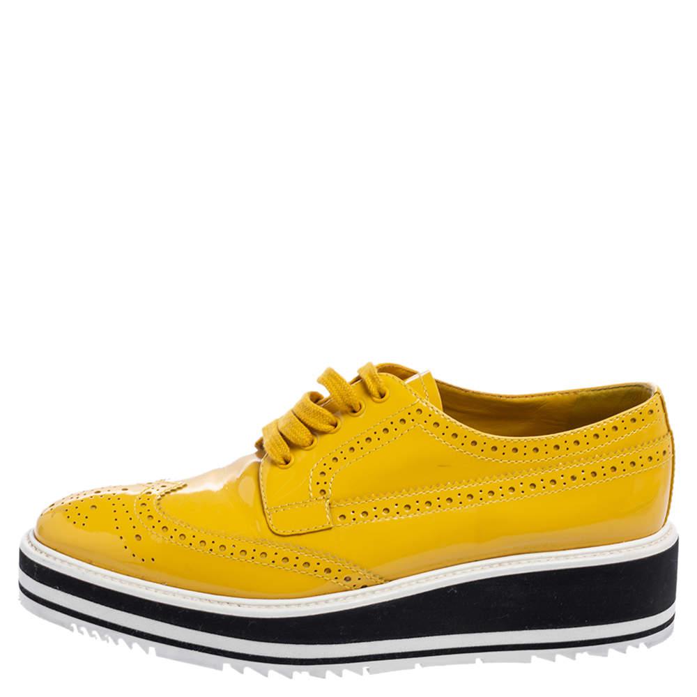 Prada Yellow Brogue Patent Leather Platform Derby Size 38商品第2张图片规格展示