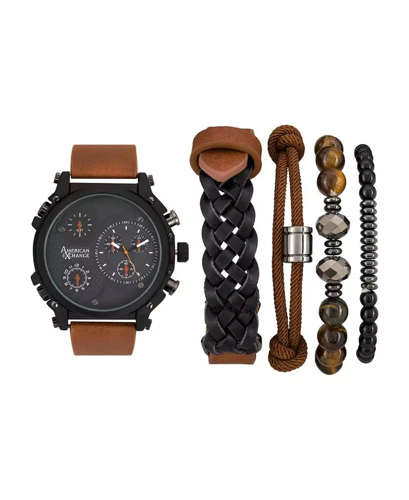 商品American Exchange|Men's Quartz Dial Brown Leather Strap Watch, 48mm and Assorted Stackable Bracelets Gift Set, Set of 5,价格¥303,第1张图片