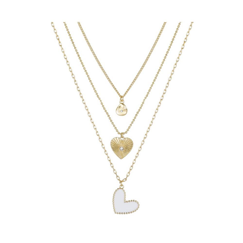 14K Gold Flash-Plated 3-Pieces White Enamel Genuine Crystal Heart Layered Pendants Set商品第1张图片规格展示