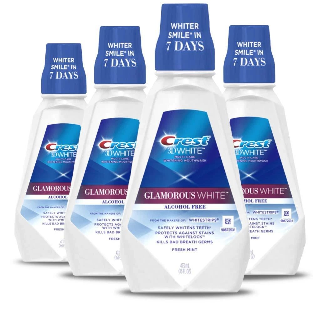 商品Crest|Crest 3D White Glamorous White Alcohol Free Multi-Care Whitening Mouthwash, Hydrogen Peroxide Mouthwash, Arctic Mint, 16 fl oz (473 mL) - Pack of 4, Crest Mouthwash,价格¥187,第1张图片