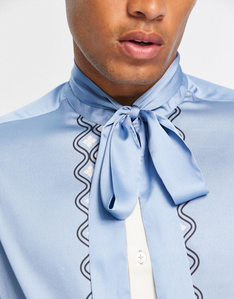 ASOS DESIGN regular satin shirt with tie neck in blue border print商品第3张图片规格展示