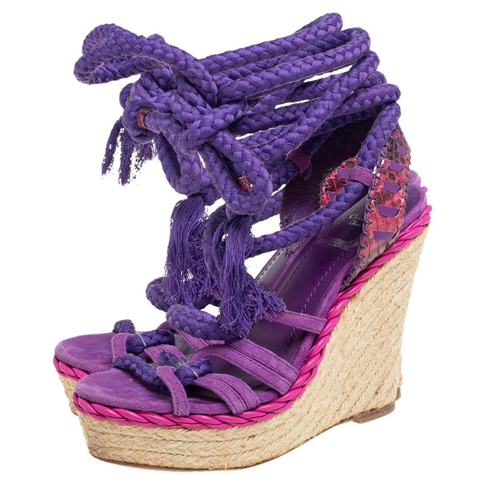 商品[二手商品] Dior|Dior Purple Suede And Python Leather Espadrille Wedge Ankle Wrap Sandals Size 36,价格¥941,第4张图片详细描述