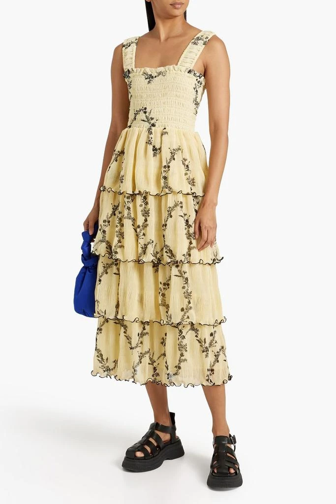商品Ganni|Tiered floral-print plissé-chiffon midi dress,价格¥1170,第2张图片详细描述