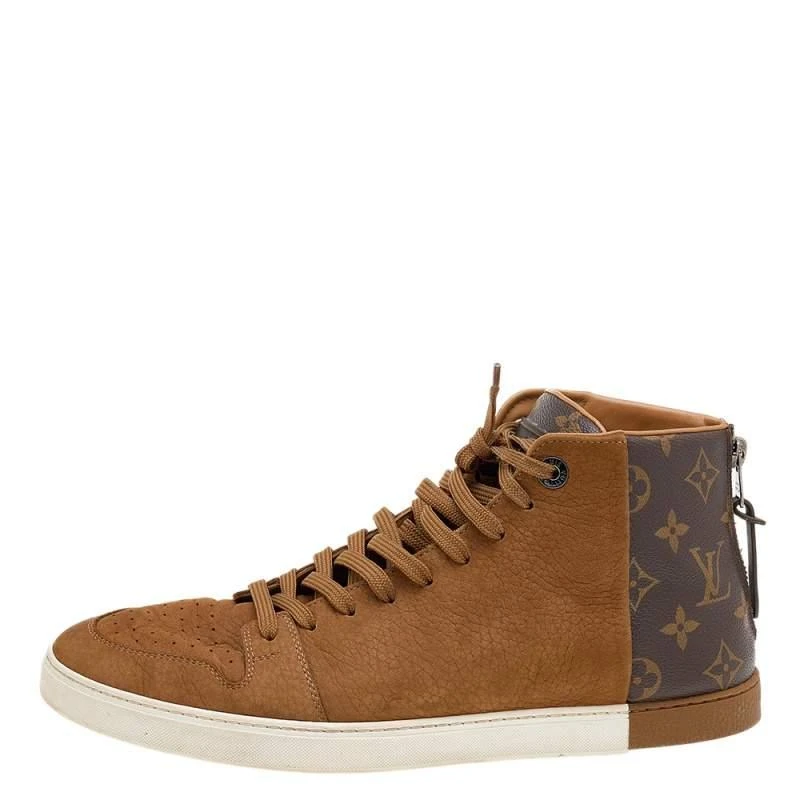 商品[二手商品] Louis Vuitton|Louis Vuitton Brown Leather And Monogram Canvas High Top Sneakers Size 41.5,价格¥1908,第2张图片详细描述