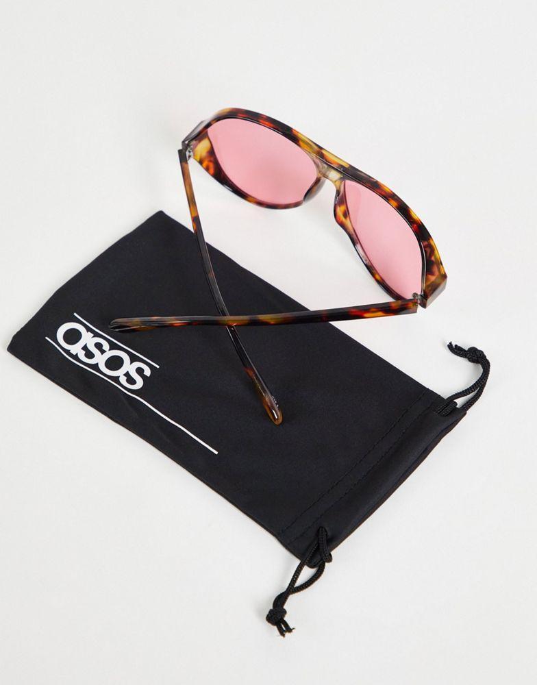 ASOS DESIGN oversized navigator sunglasses with pink lens in brown tort - BROWN商品第4张图片规格展示