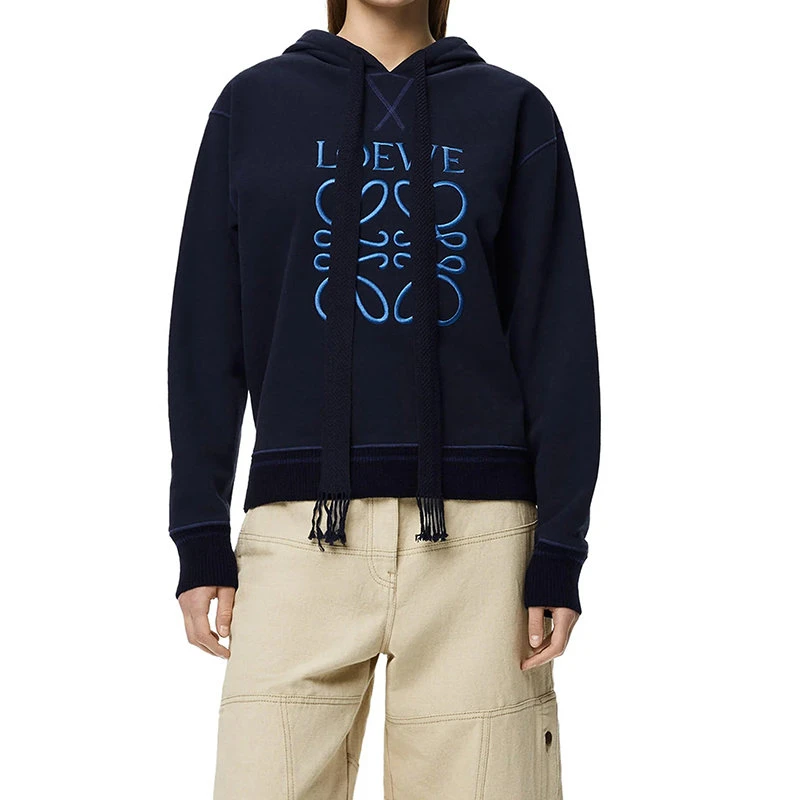 商品Loewe|【预售3-7天】LOEWE/罗意威 22年春夏新款 女士海军蓝色醋酸面料Logo刺绣连帽衫卫衣S359341XAQ-5110,价格¥5673,第5张图片详细描述