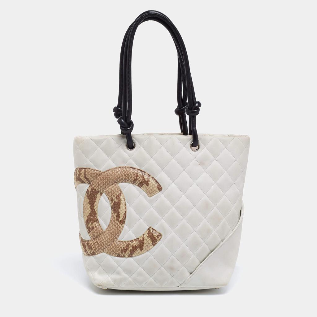 商品[二手商品] Chanel|Chanel White/Black Quilted Leather and Python Embossed Small Ligne Cambon Tote,价格¥7541,第1张图片