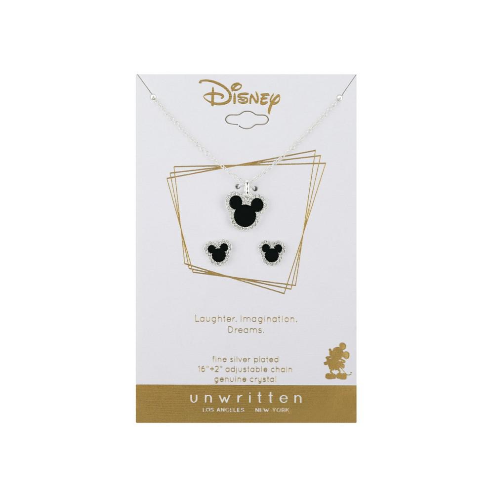 Disney Fine Silver Plated Crystal Black Enamel Mickey Head Pendant Necklace and Earrings Set, 2 Piece商品第2张图片规格展示