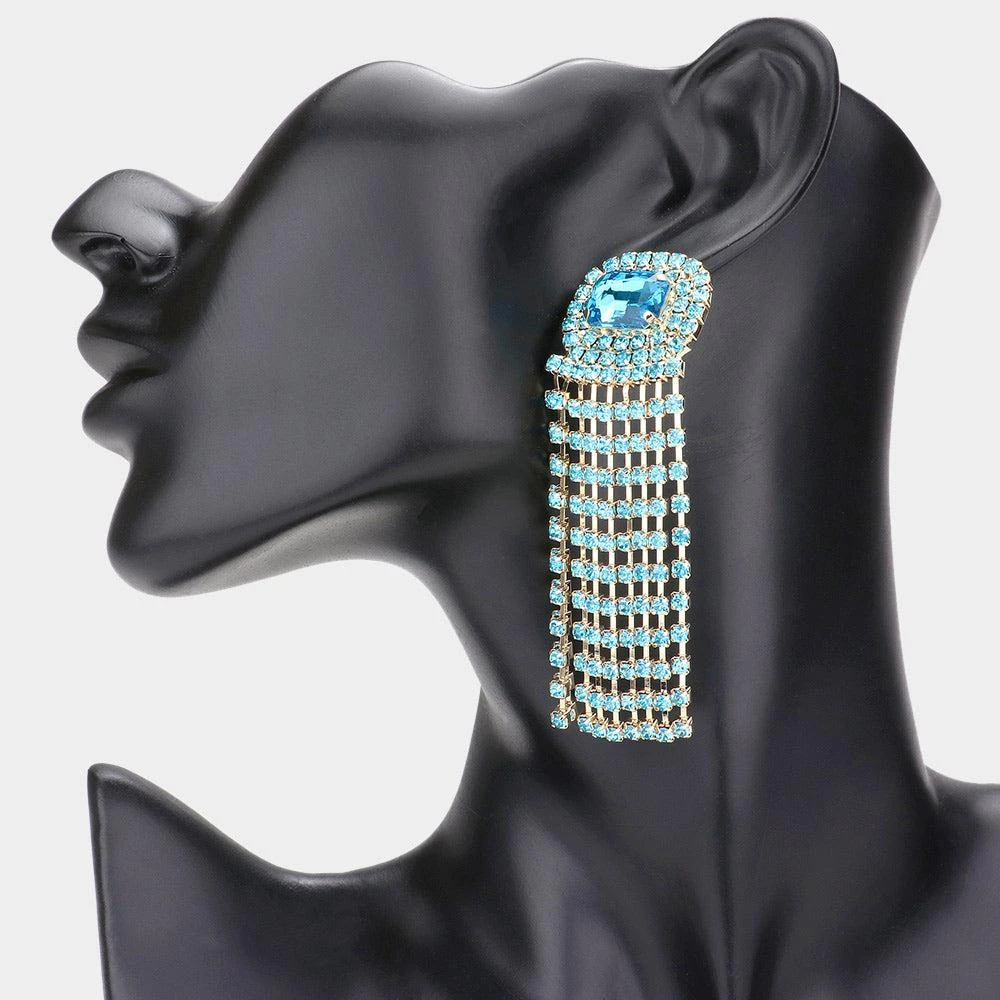商品FASHNZFAB|Emerald Cut Stone Accented Rhinestone Fringe Dangle Evening Earrings - Aqua,价格¥222,第1张图片详细描述